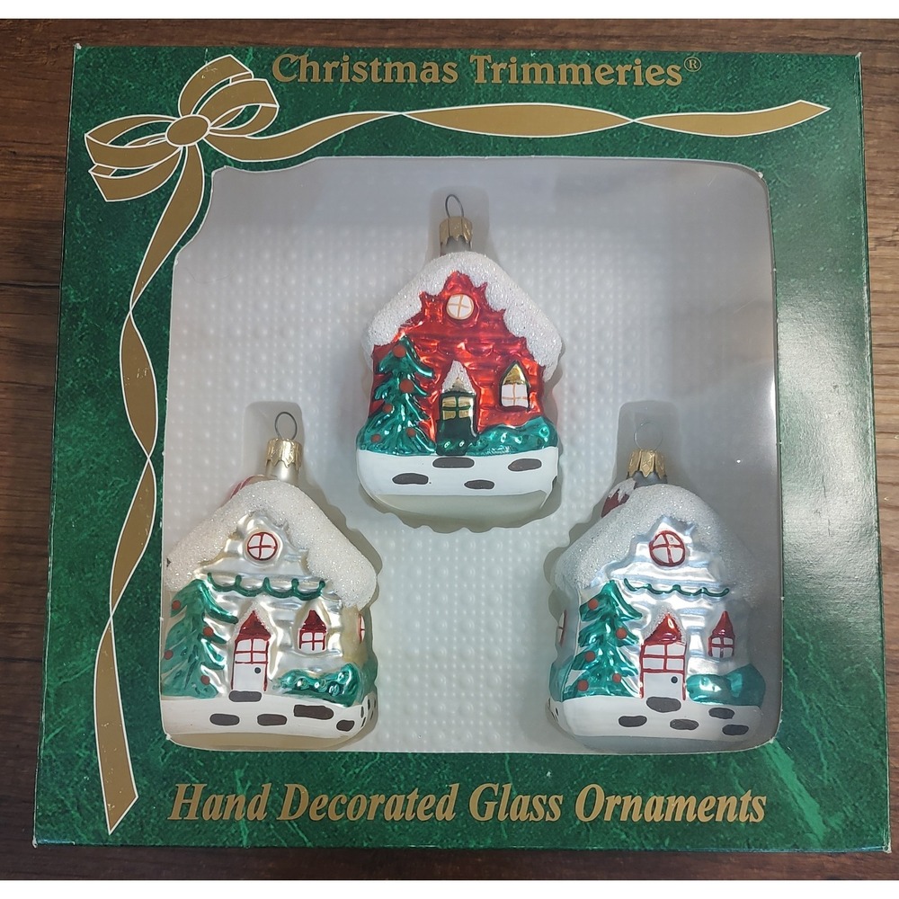 3 Bradford Christmas Trimmeries Glass House Ornaments White Red Glitter Box